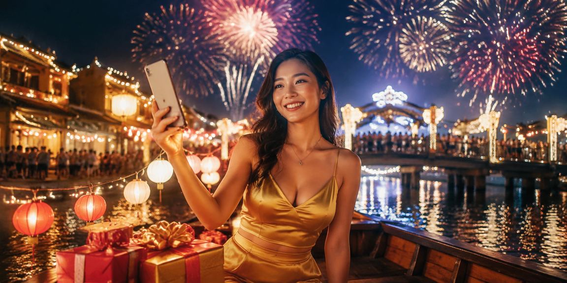 Người chơi tại chợ đêm Hội An sử dụng điện thoại di động để truy cập casino trực tuyến